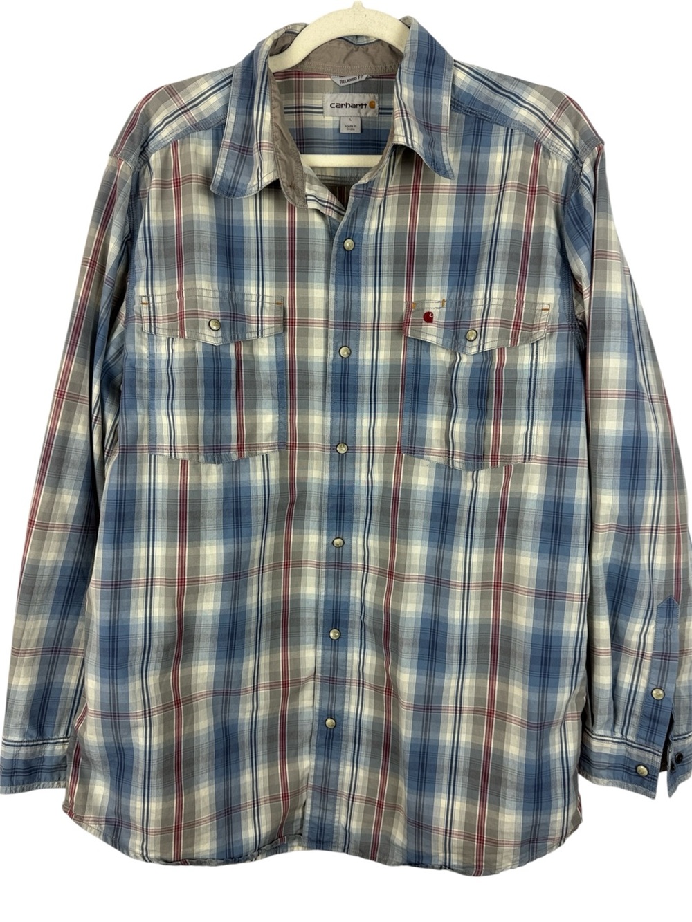 Carhartt Men's Relaxed Fit Plaid Pearl Snap Button Up Shirt Large Blue Cream Red